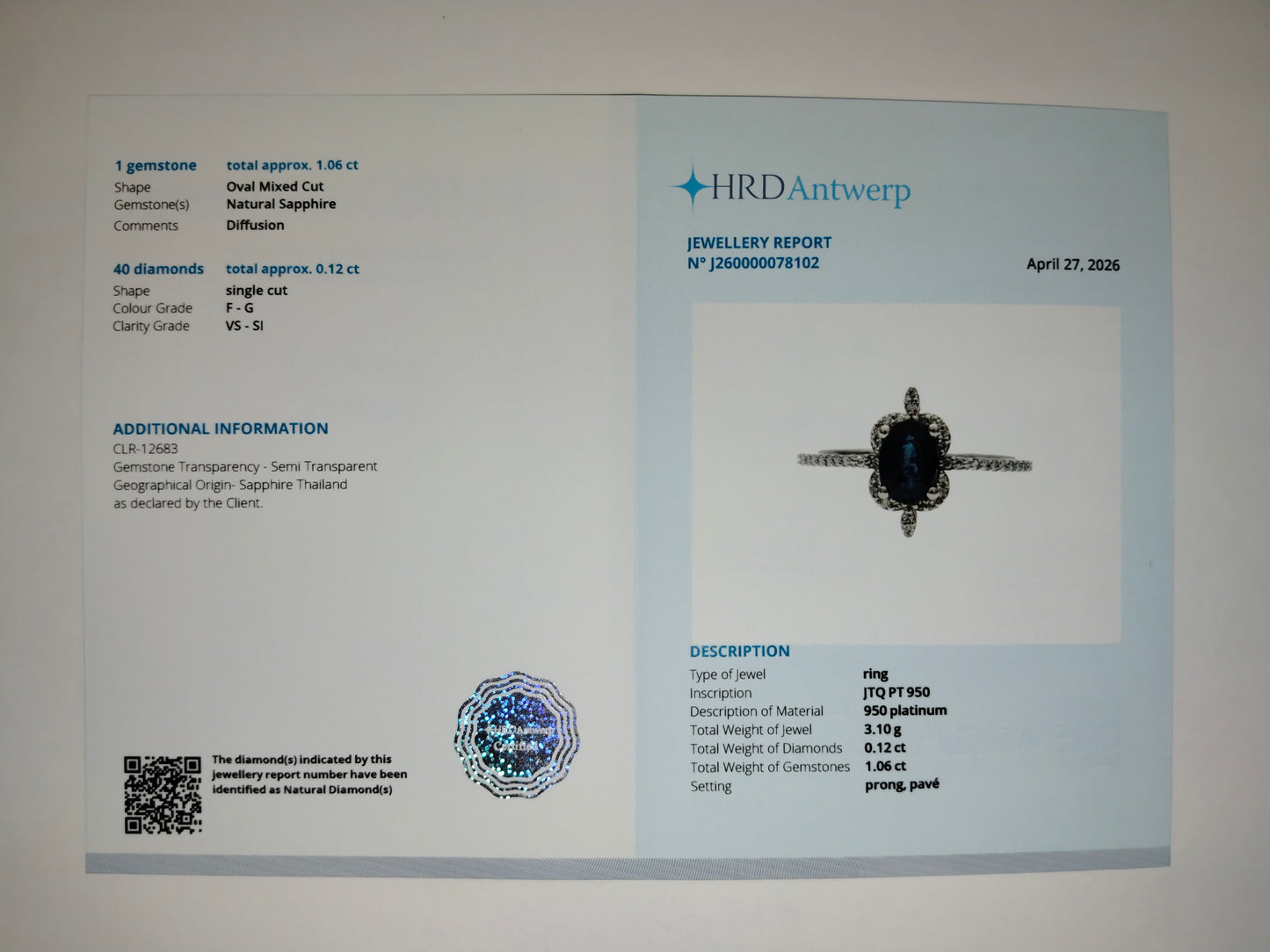 1.18 Ct Oval Mixed Cut Natural Sapphire 950 Platinum Ring