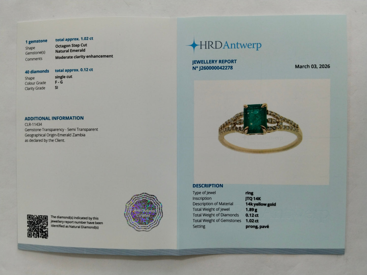 1.14 Ct Octagon Step Cut Natural Emerald 14K Gold Ring