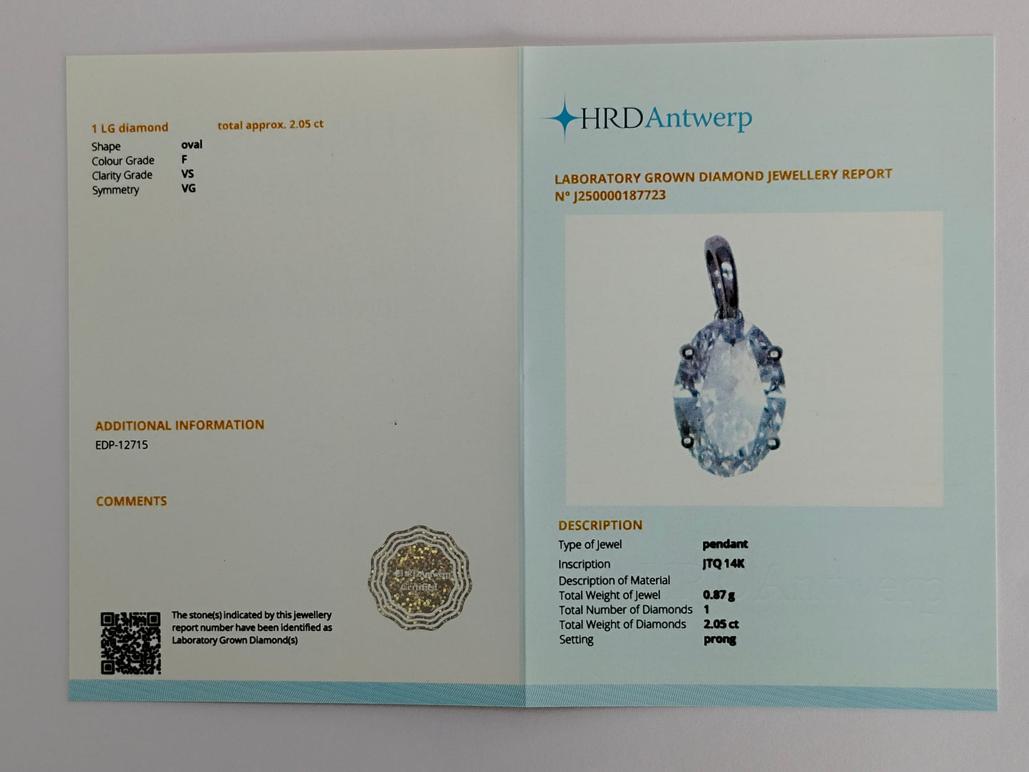 2.05 Carats Lab Grown Diamond 14K Gold Pendant