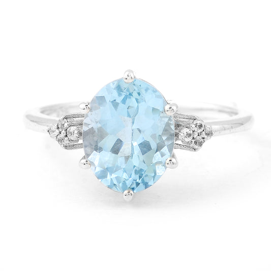 3.48 Ct Oval Blue Topaz, White Zircon, 925 Sterling Silver Ring