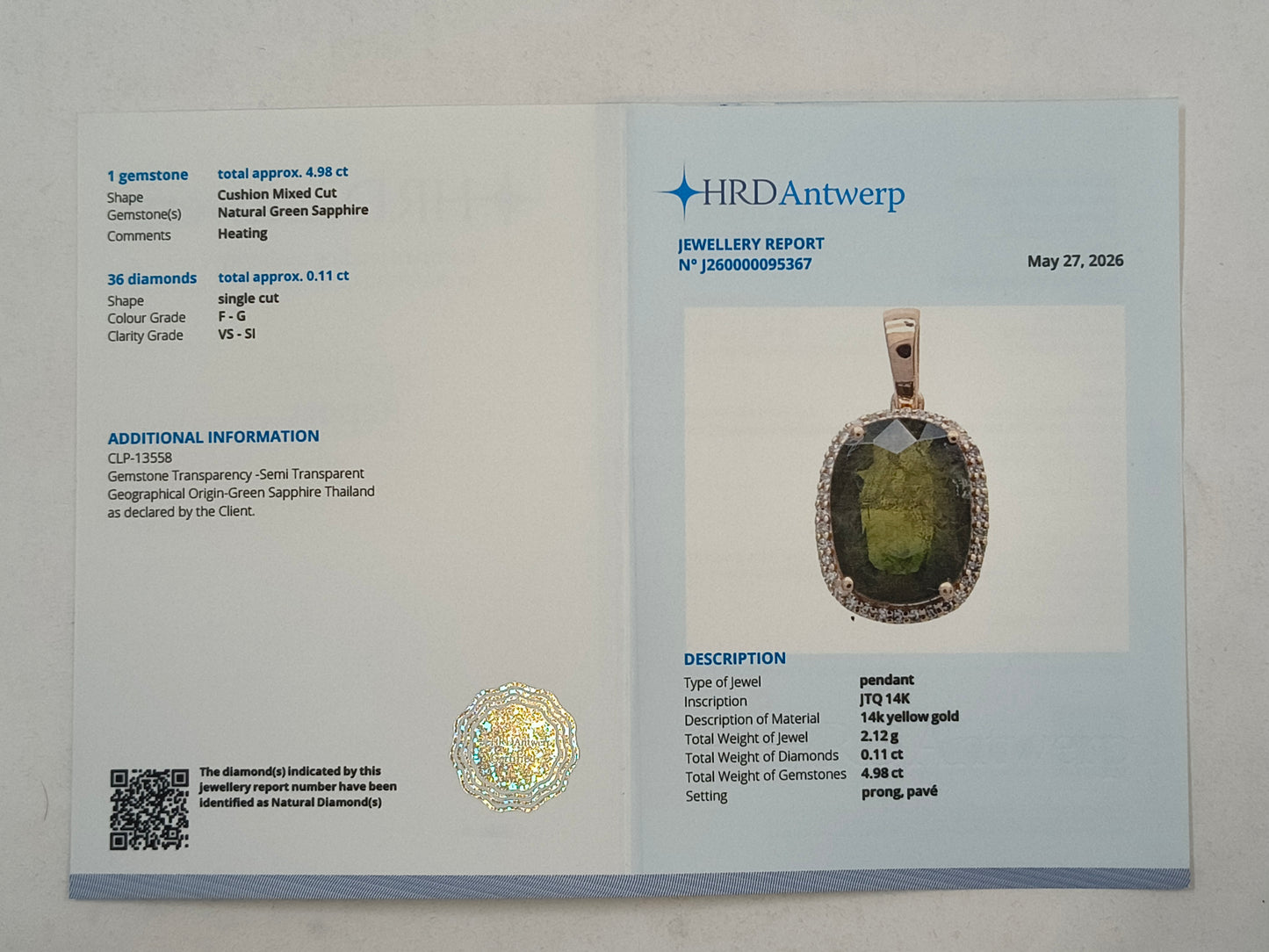 5.09 Ct Cushion Mixed Cut Natural Green Sapphire 14K Gold Pendant