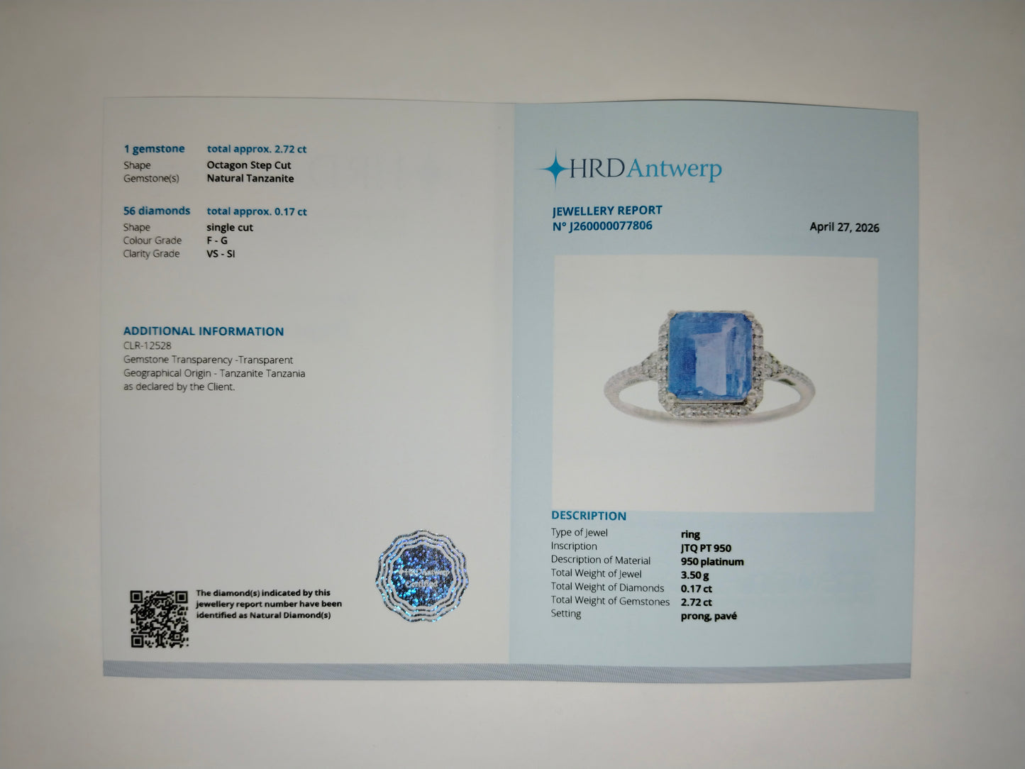 2.89 Ct Octagon Step Cut Natural Tanzanite 950 Platinum Ring
