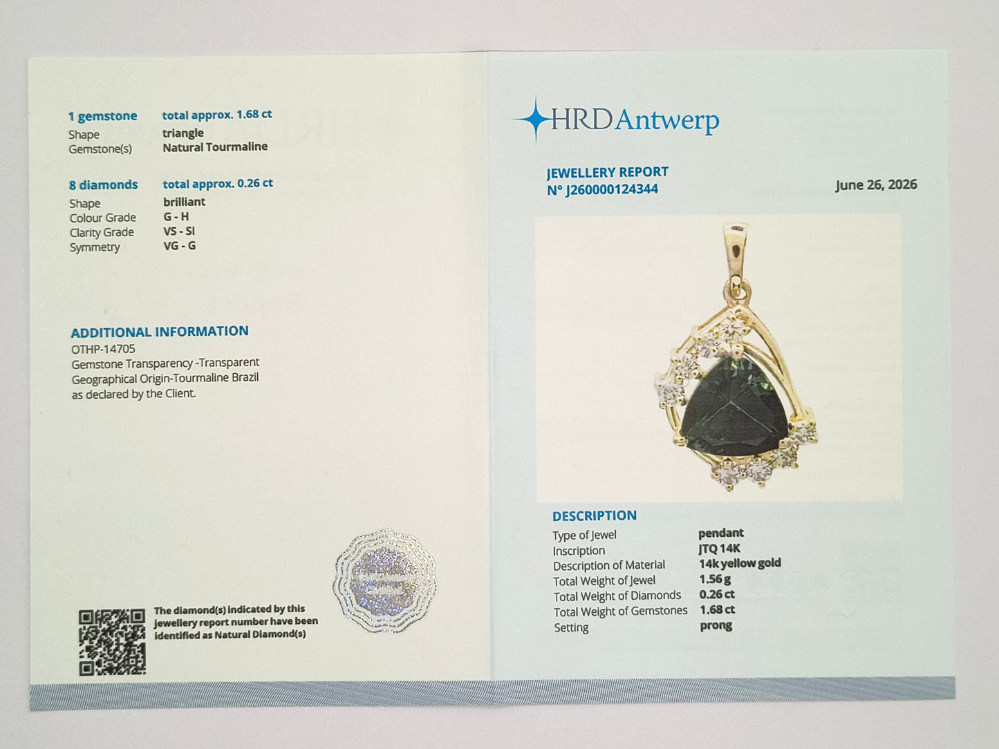 1.94 Ct Triangle Natural Tourmaline 14K Gold Pendant