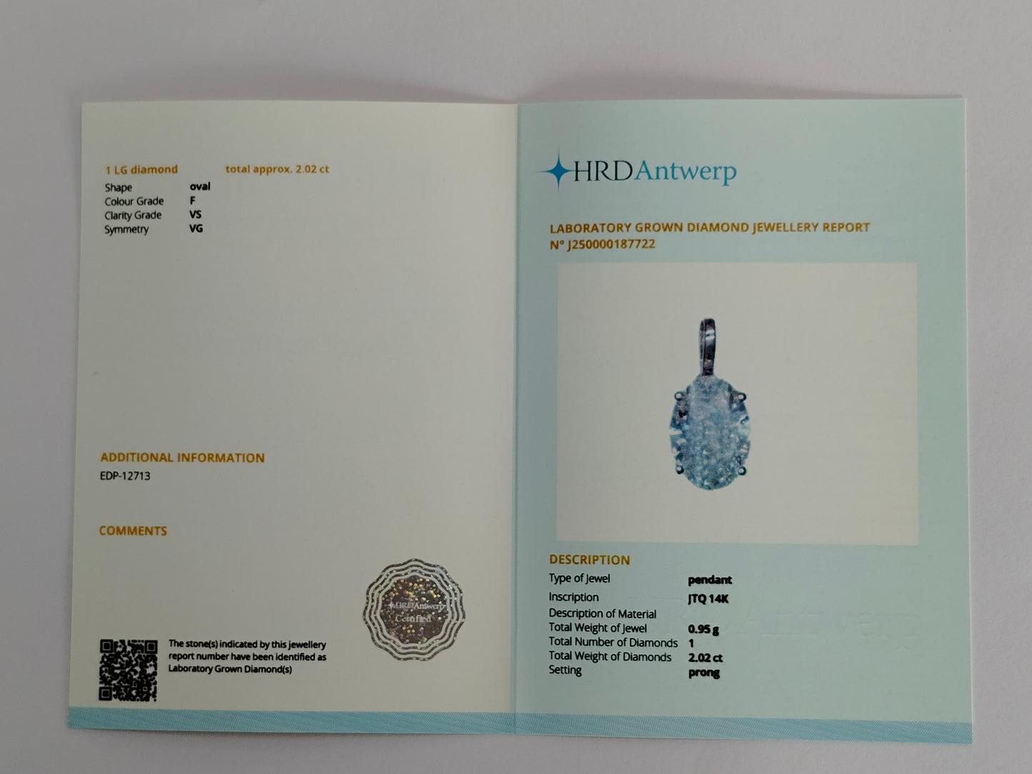 2.02 Carats Lab Grown Diamond 14K Gold Pendant