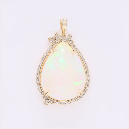 27.03 Ct Pear Cabochon Natural Opal 14K Gold Pendant