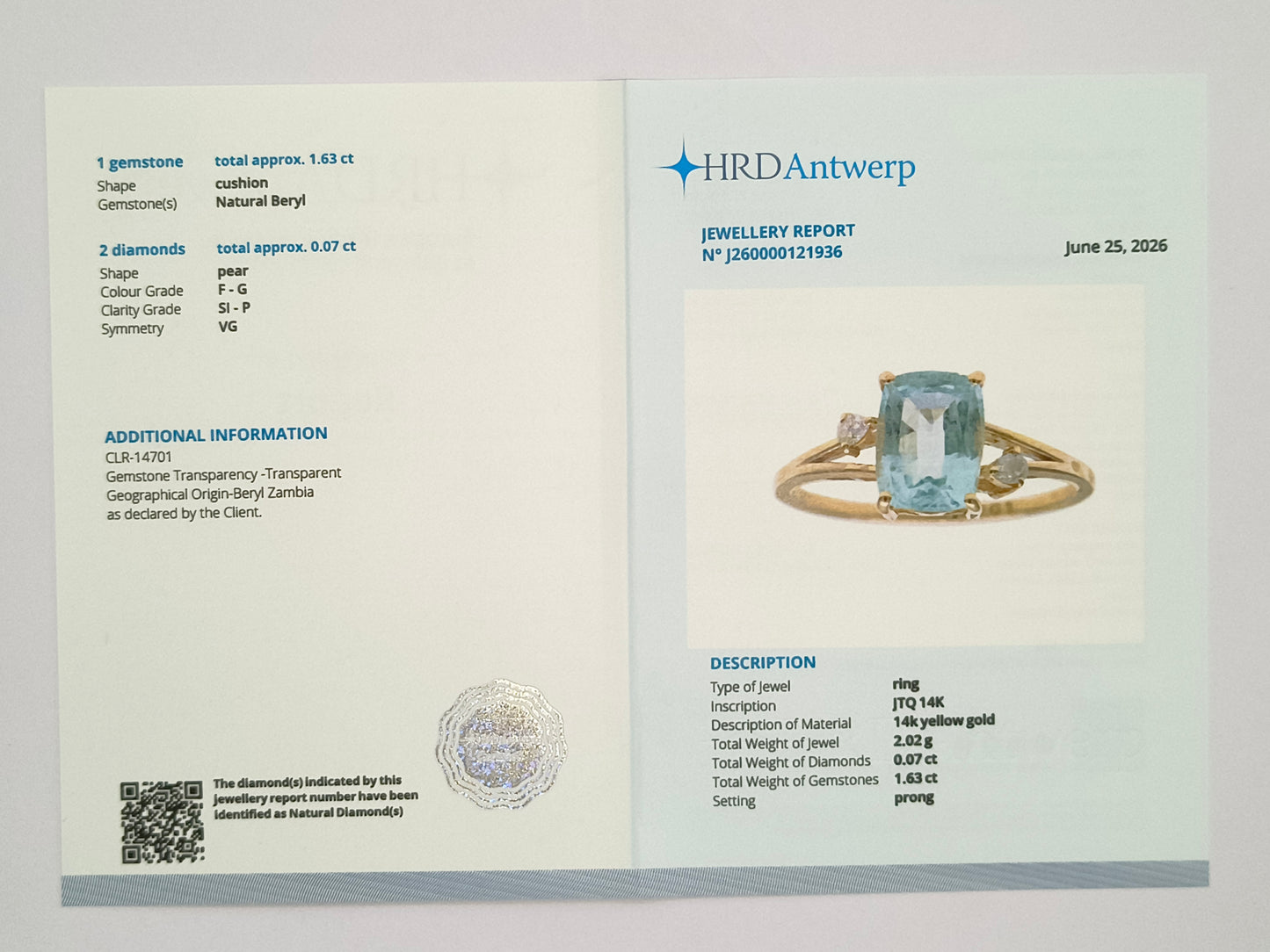 1.70 Ct Cushion Natural Beryl 14K Gold Ring