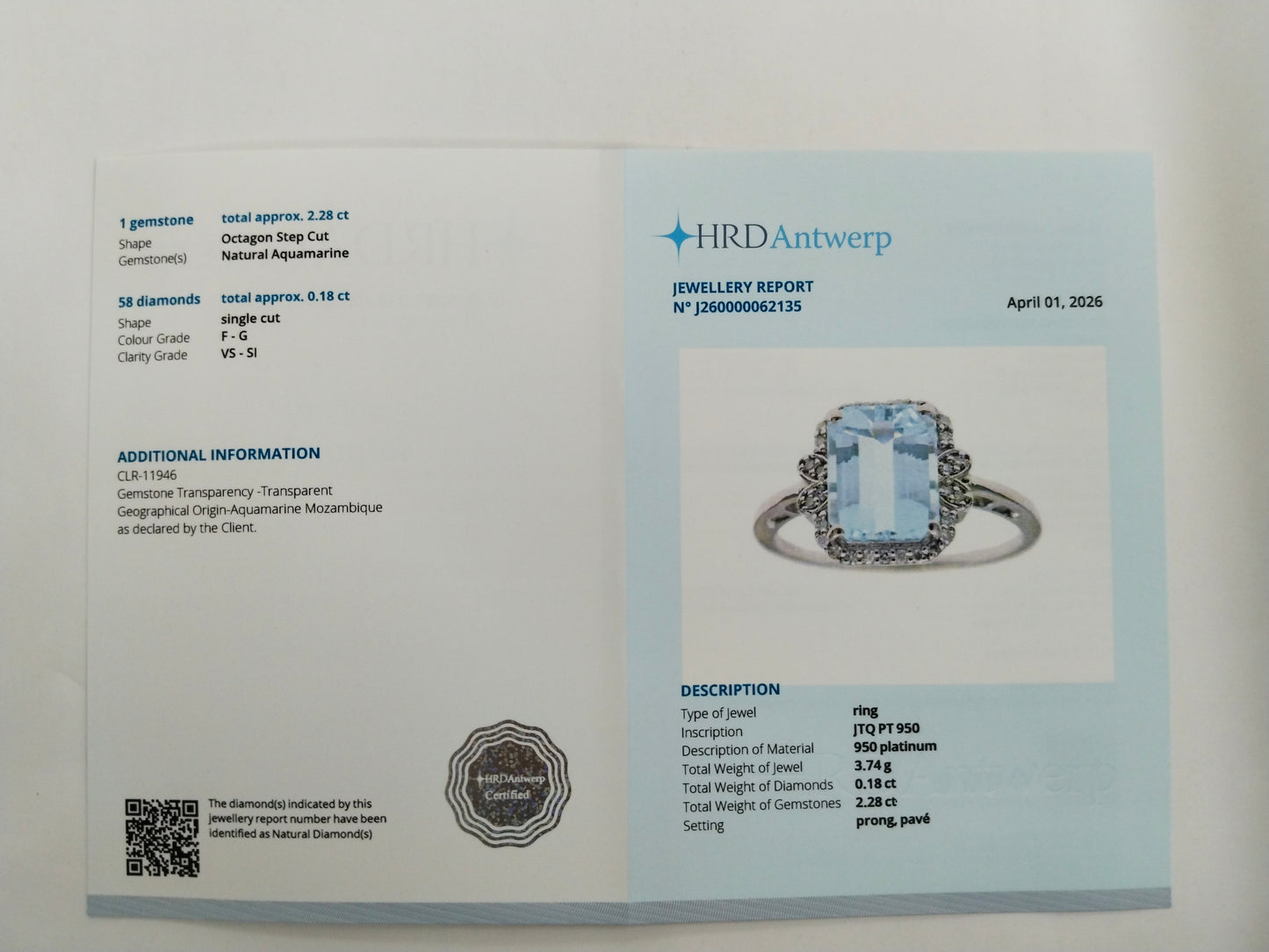 2.46 Ct Octagon Step Cut Natural Aquamarine 950 Platinum Ring