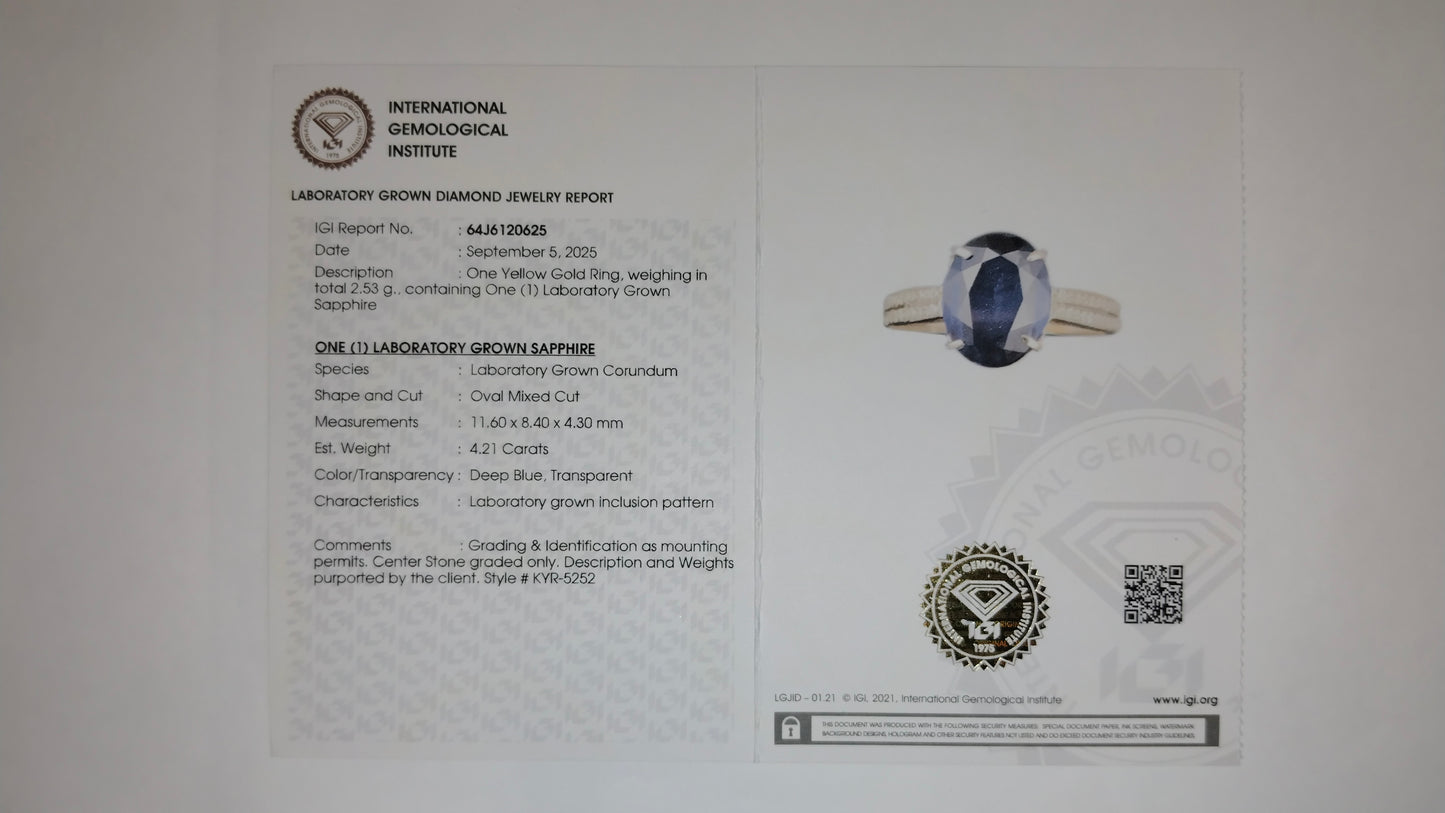 4.33 Ct Oval Mixed Cut Lab Grown Sapphire 14K Gold Ring