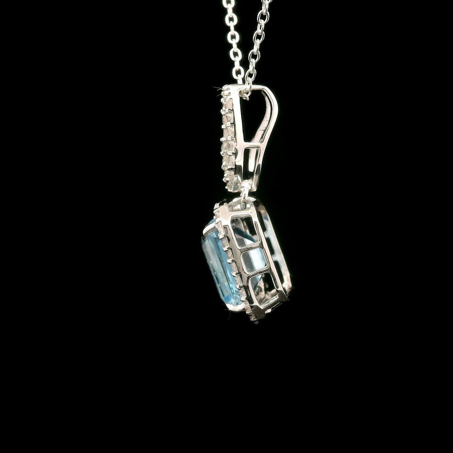 3.70 Ct Octagon Blue Topaz, White Zircon 925 Sterling Silver Pendant