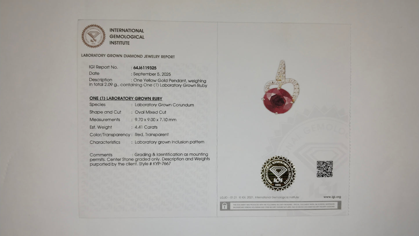 4.52 Ct Oval Mixed Cut Lab Grown Ruby 14K Gold Pendant