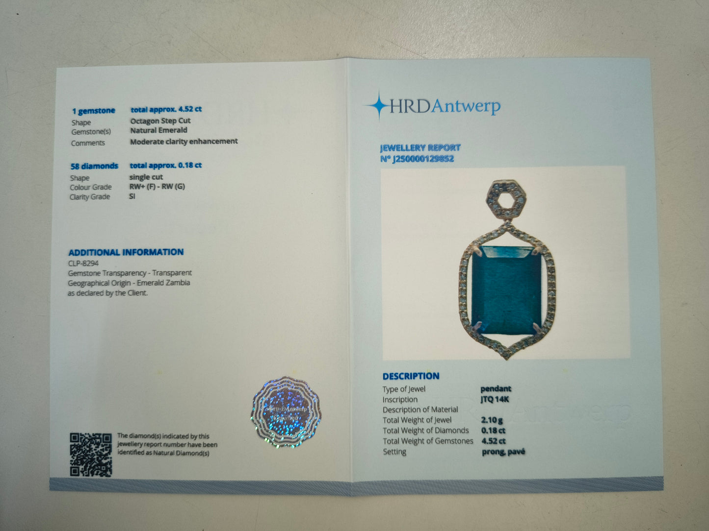 4.70 Ct Octagon Natural Emerald 14K Gold Pendant