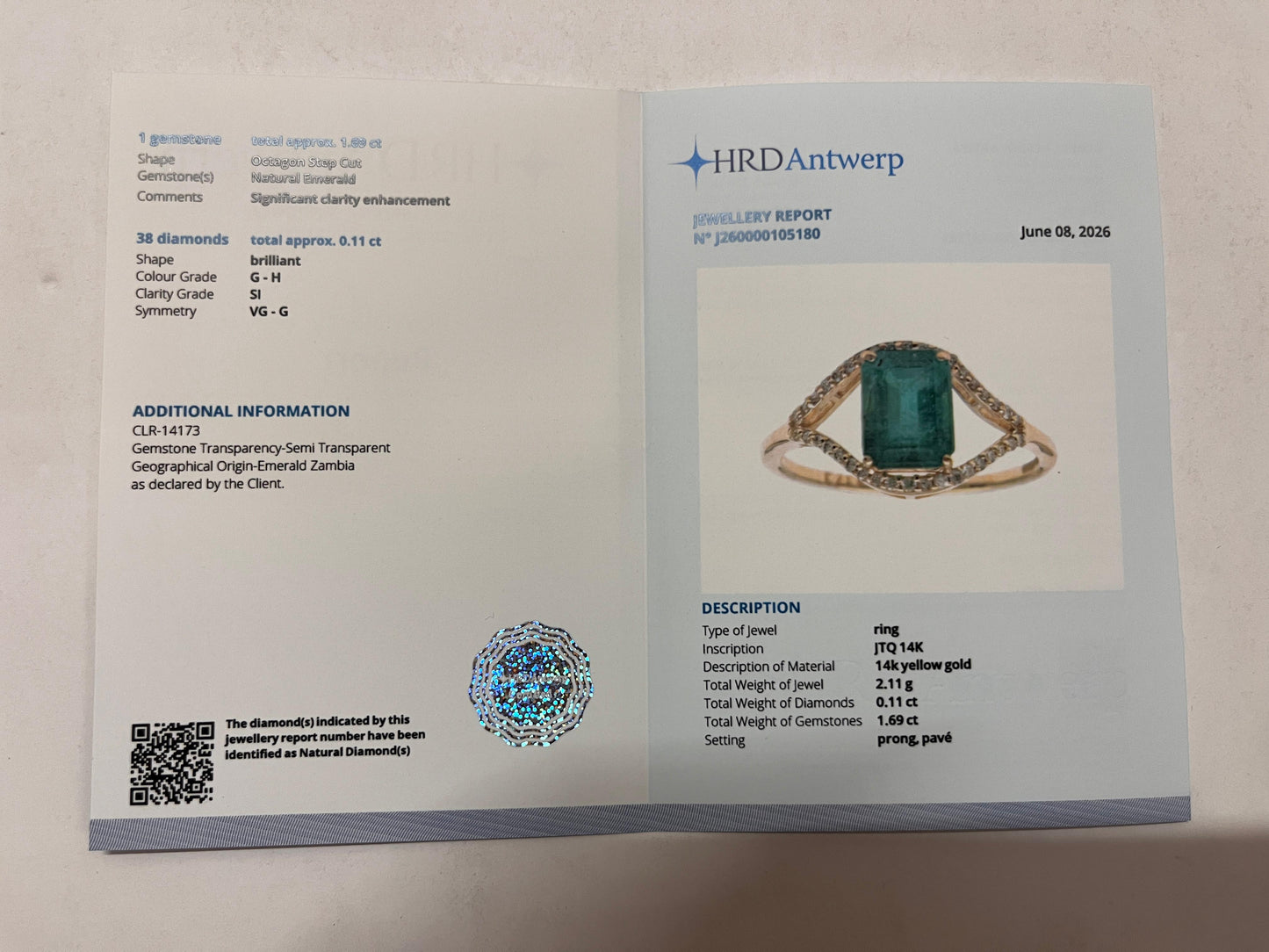 1.80 Ct Octagon Step Cut Natural Emerald 14K Gold Ring