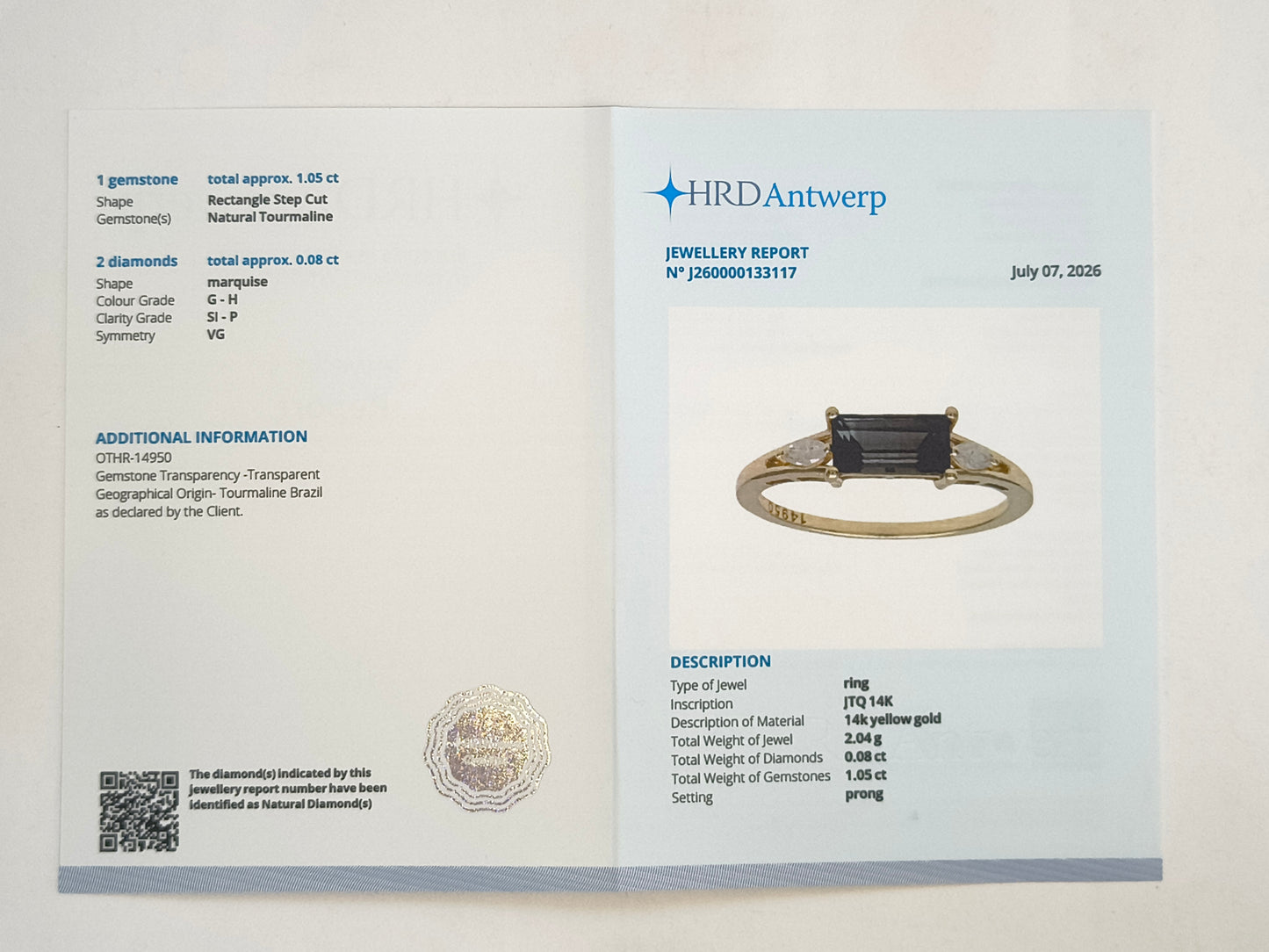 1.13 Ct Rectangle Step Cut Natural Tourmaline 14K Gold Ring