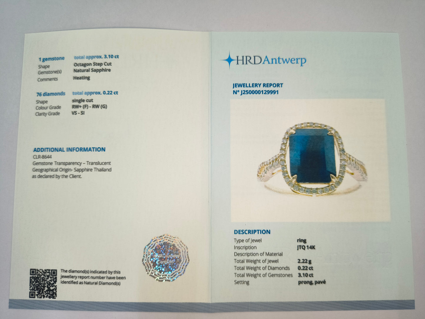 3.32 Ct Octagon Natural Sapphire 14K Gold Ring