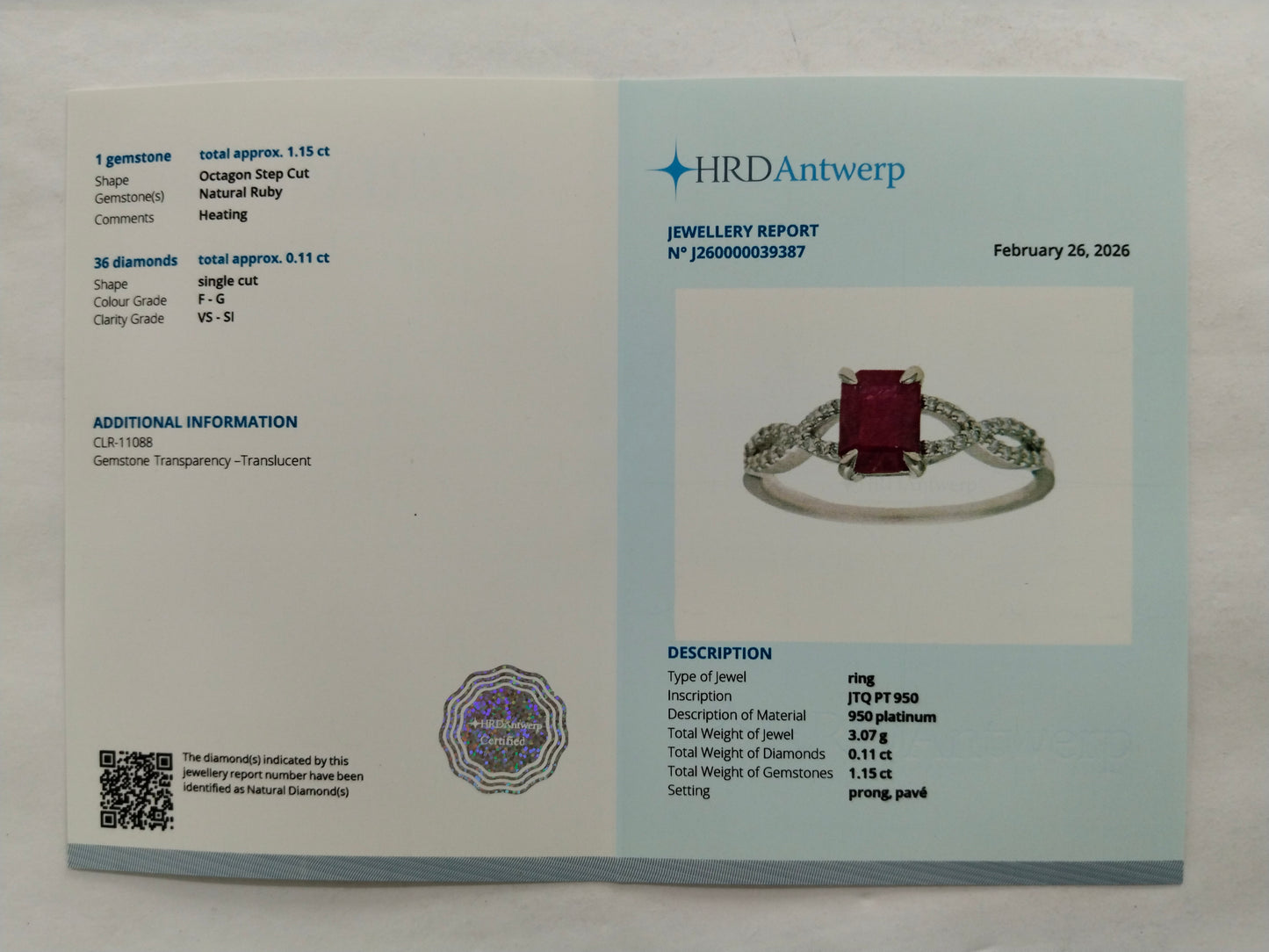1.26 Ct Octagon Step Cut Natural Ruby 950 Platinum Ring