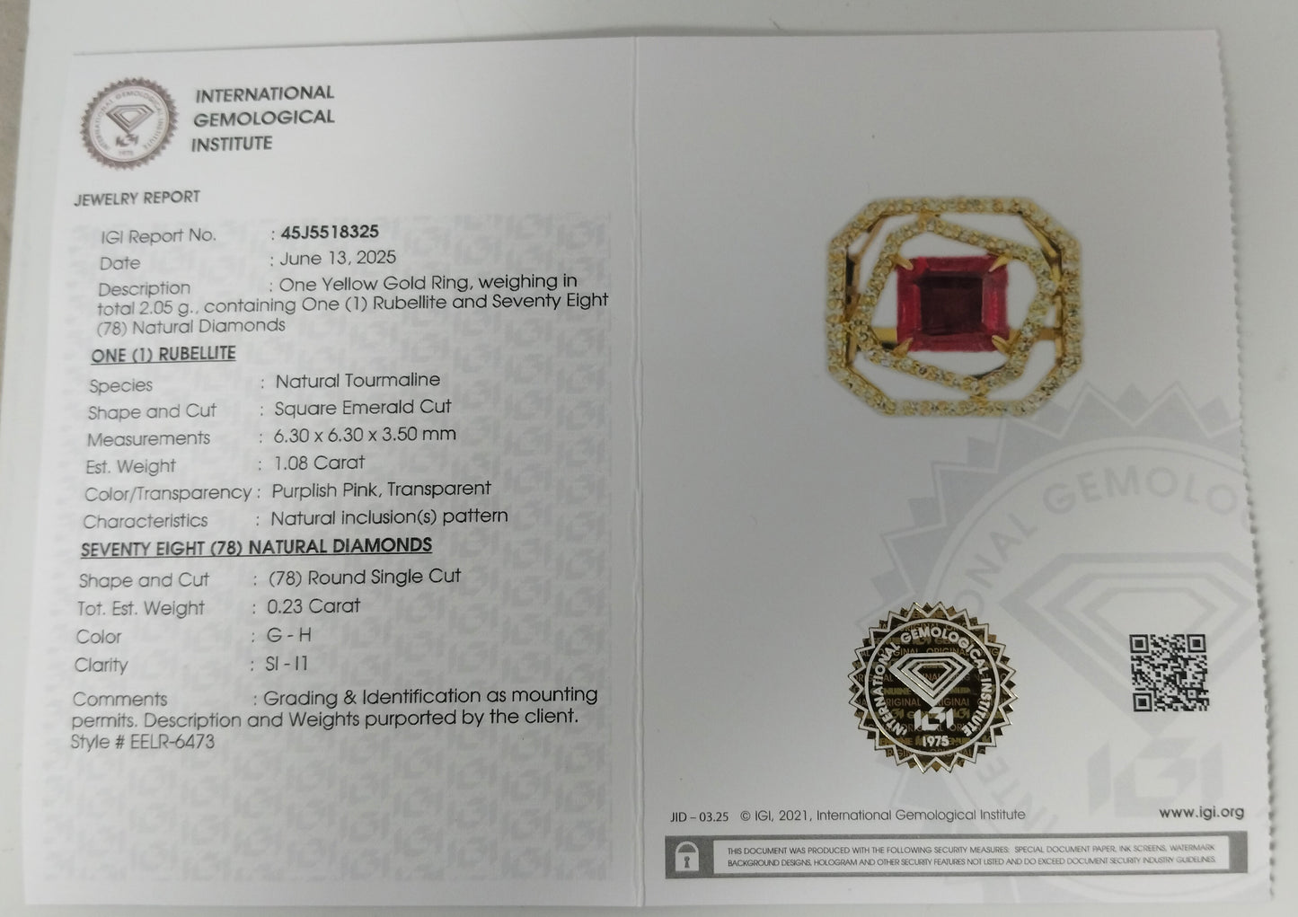 1.31 Ct Square Emerald Cut Natural Tourmaline 14K Gold Ring