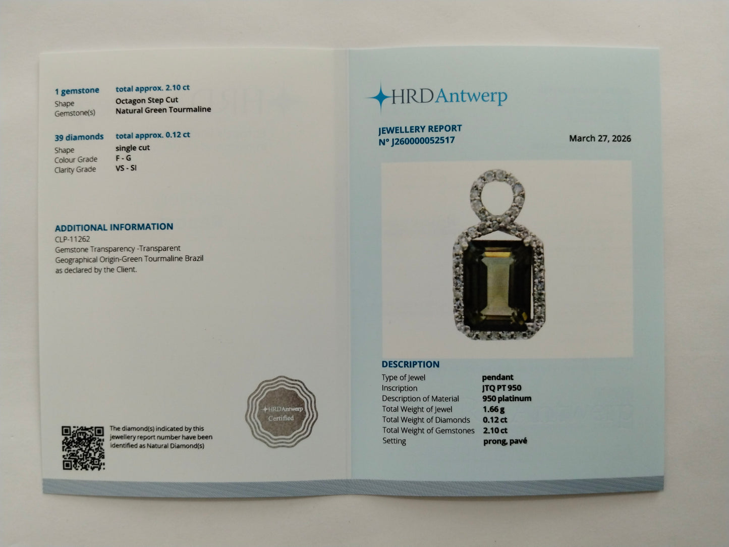 2.22 Ct Octagon Step Cut Natural Green Tourmaline 950 Platinum Pendant