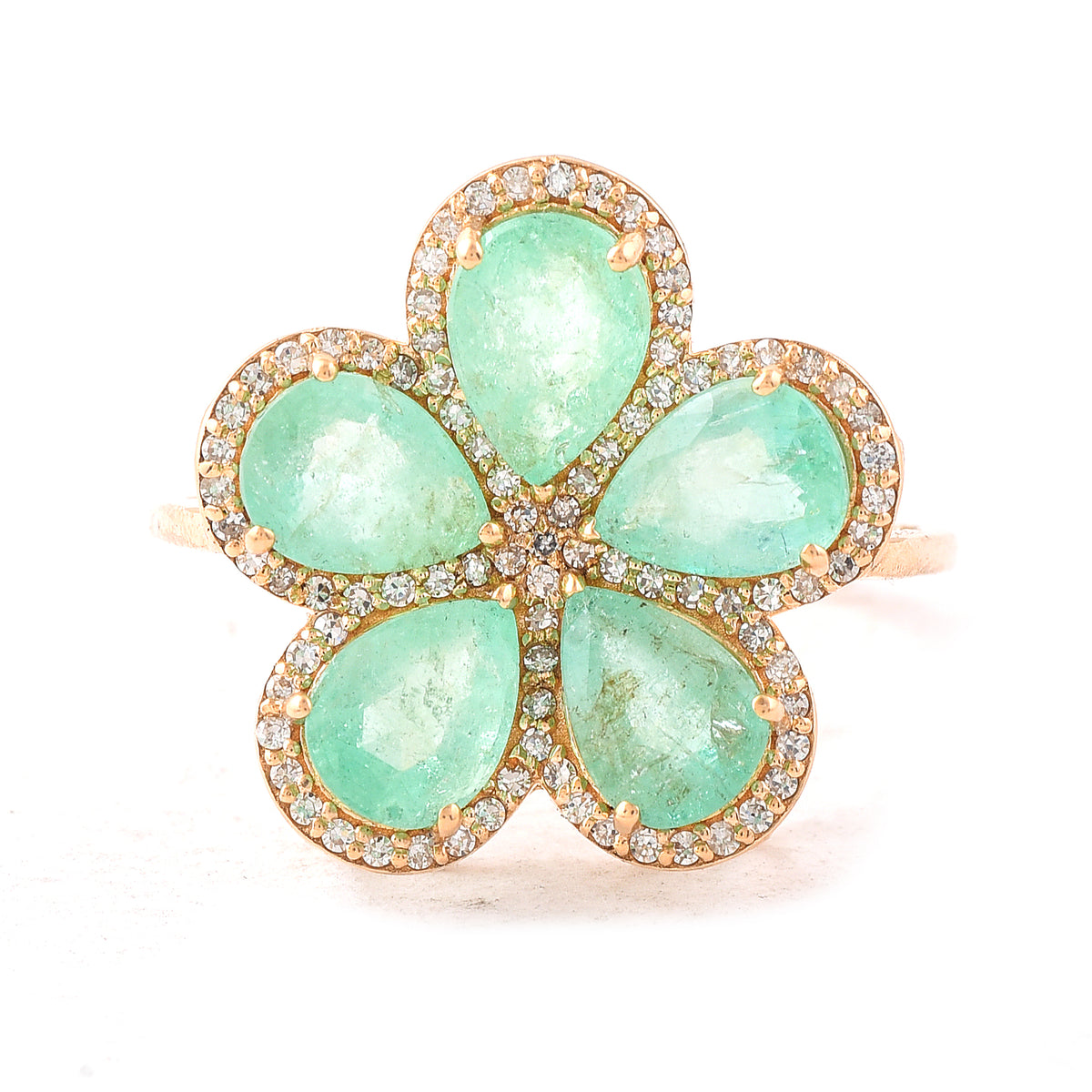 3.84 Ct Pear Mixed Cut Natural Emerald 14K Gold Ring
