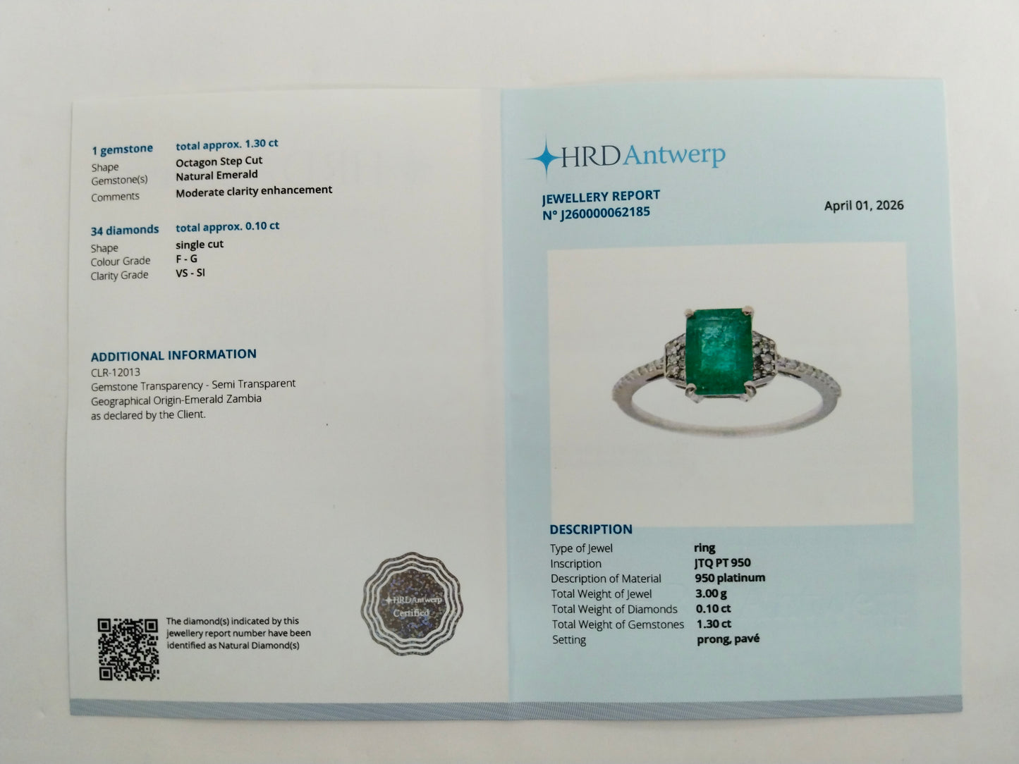 1.40 Ct Octagon Step Cut Natural Emerald 950 Platinum Ring
