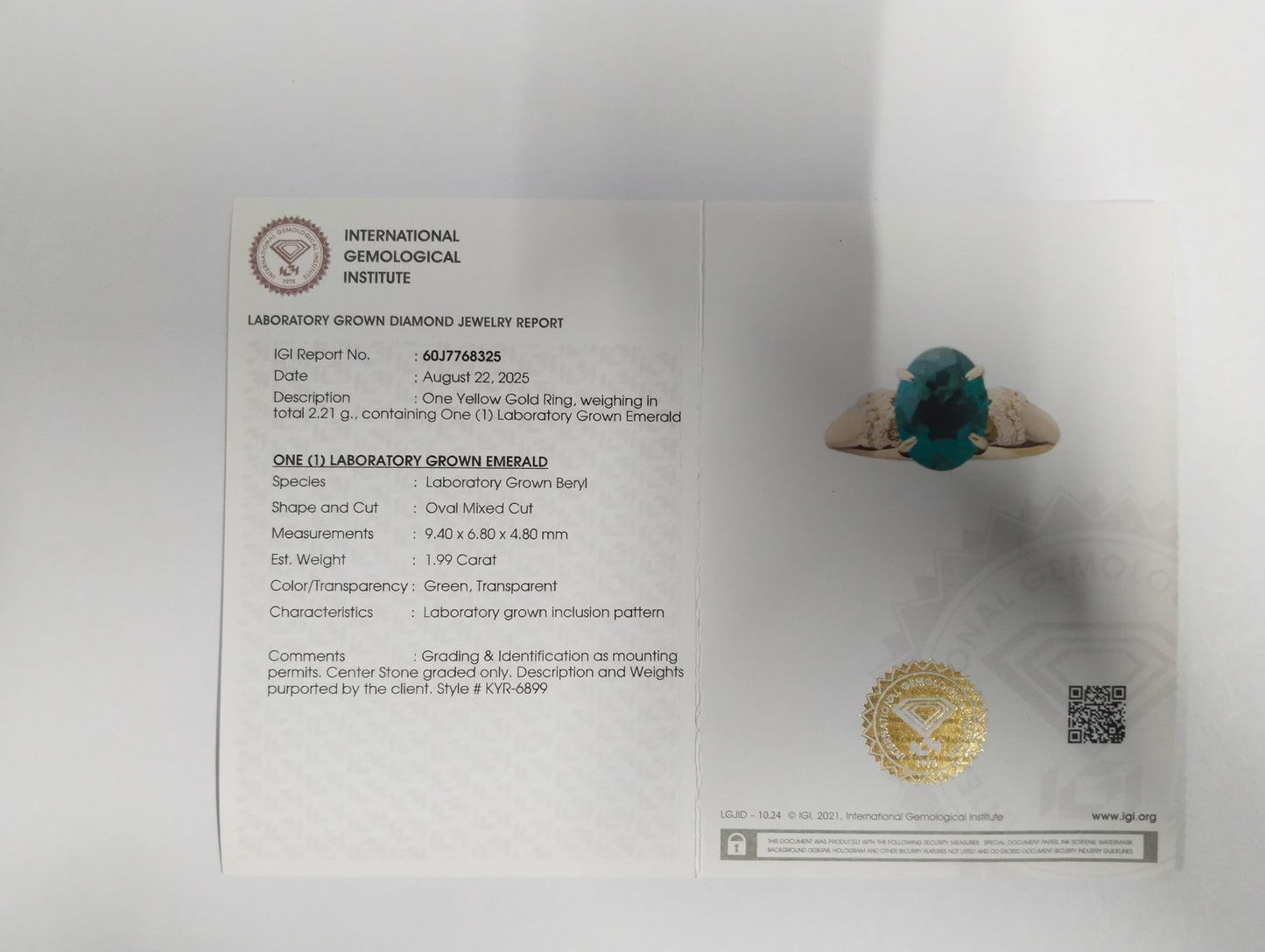 2.07 Ct Oval Mixed Cut Lab Grown Emerald 14K Gold Ring