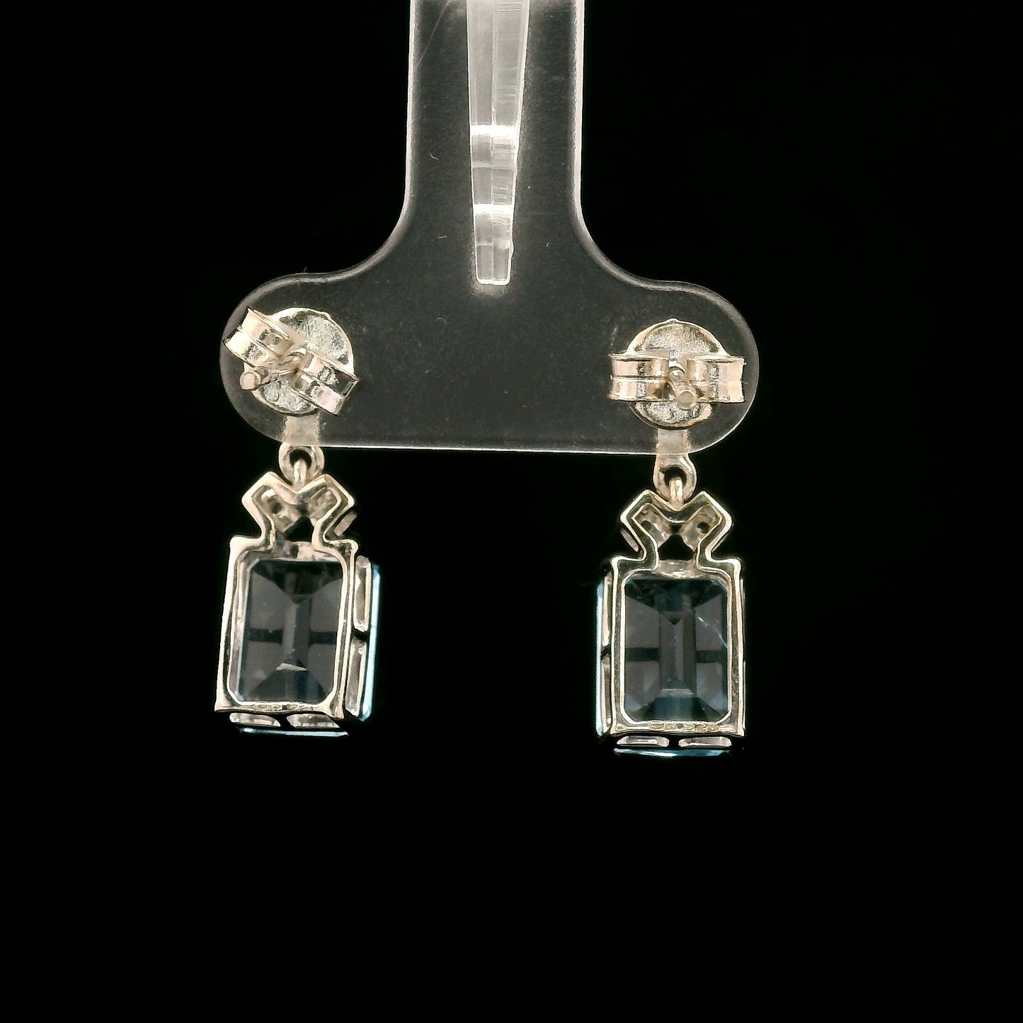 5.90 Ct Octagon Blue Topaz, White Zircon 925 Sterling Silver Earrings