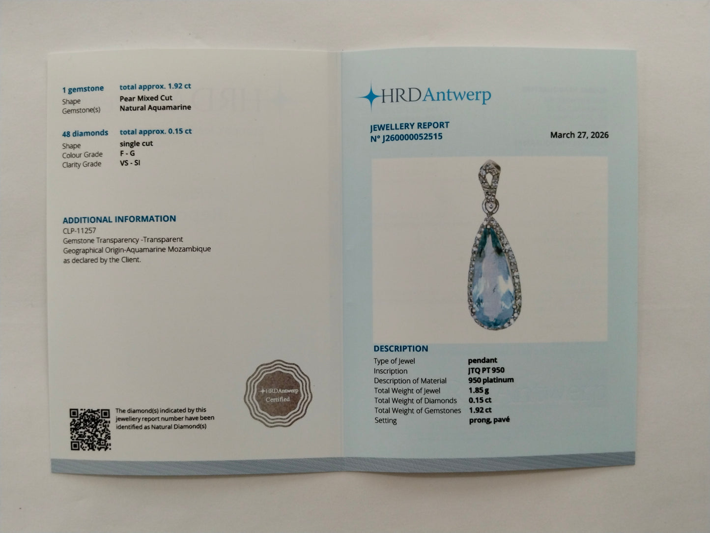 2.07 Ct Pear Mixed Cut Natural Aquamarine 950 Platinum Pendant