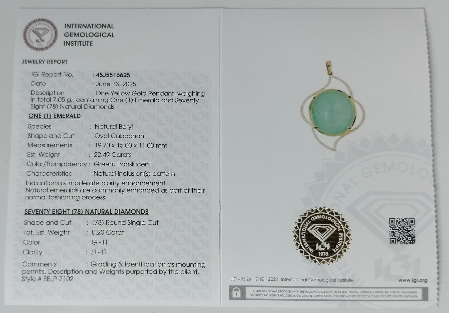 22.69 Ct Oval Cabochon Natural Beryl Emerald 14K Gold Pendant