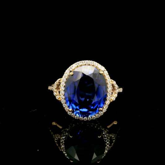 5.86 Ct Oval Mixed Cut Lab Grown Sapphire 14K Gold Ring
