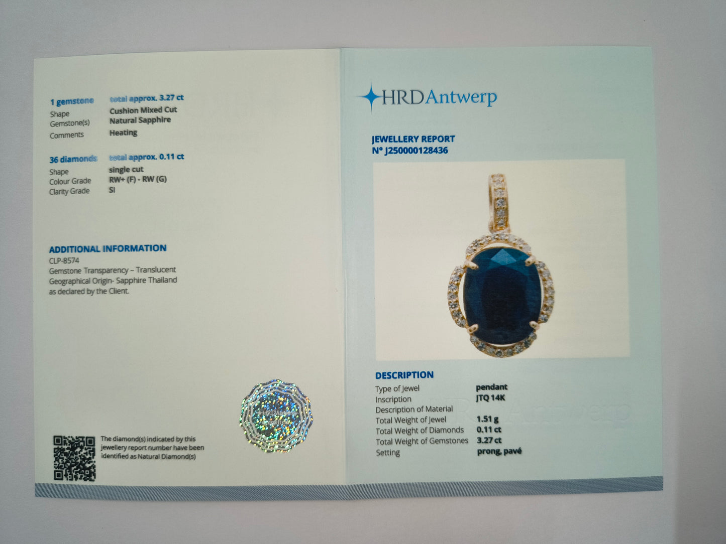 3.38 Ct Cushion Natural Sapphire 14K Gold Pendant
