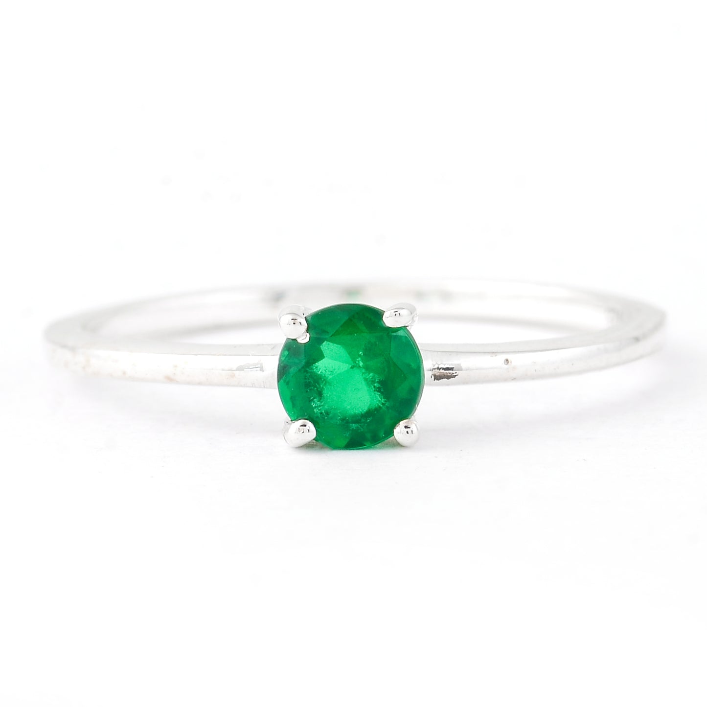 0.32 Ct Round Glass Emerald, 925 Sterling Silver Ring