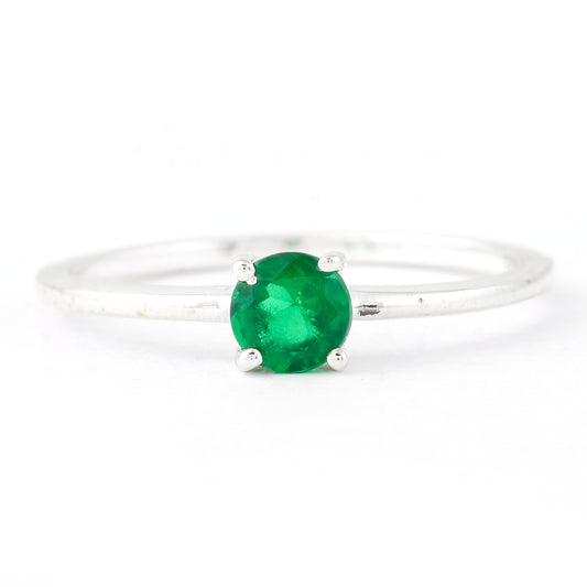 0.32 Ct Round Glass Emerald, 925 Sterling Silver Ring