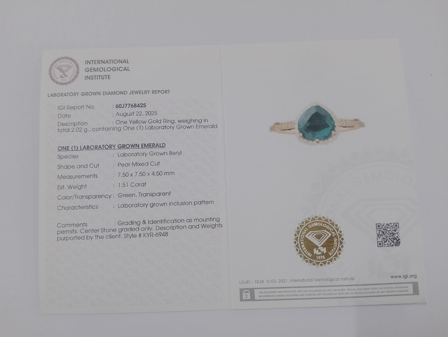 1.66 Ct Pear Mixed Cut Lab Grown Emerald 14K Gold Ring
