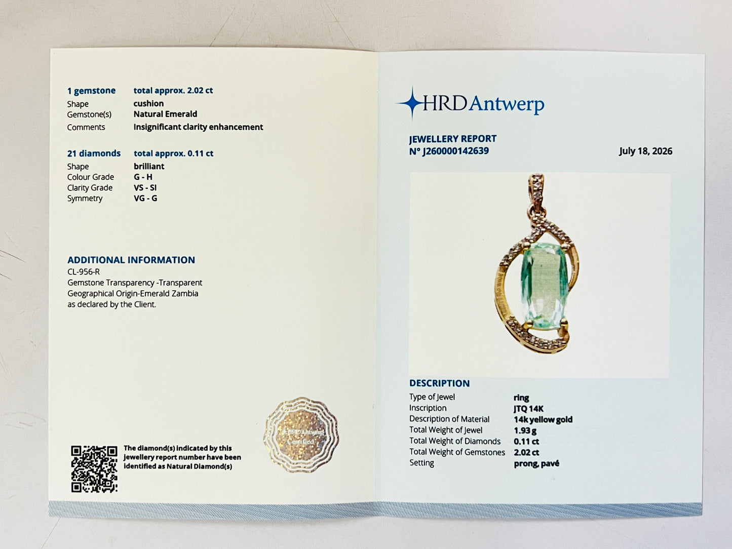 2.13 Ct Cushion Natural Emerald 14K Gold Pendant