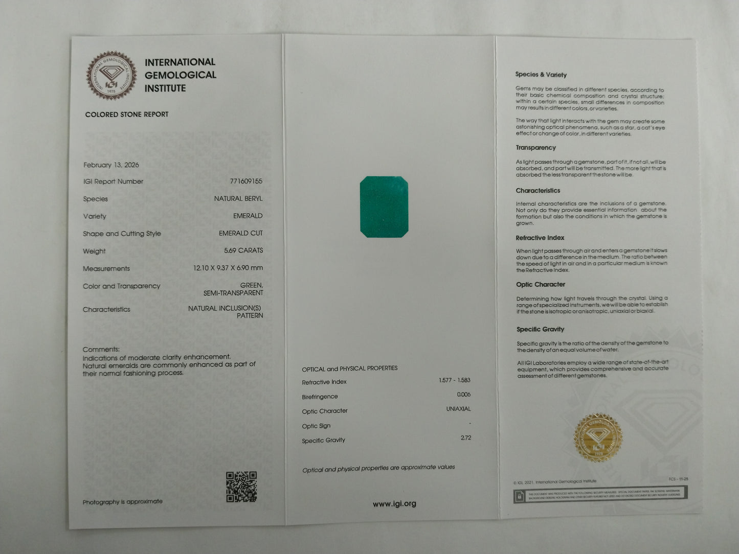 5.69 Natural Beryl Emerald Emerald Cut Gemstone