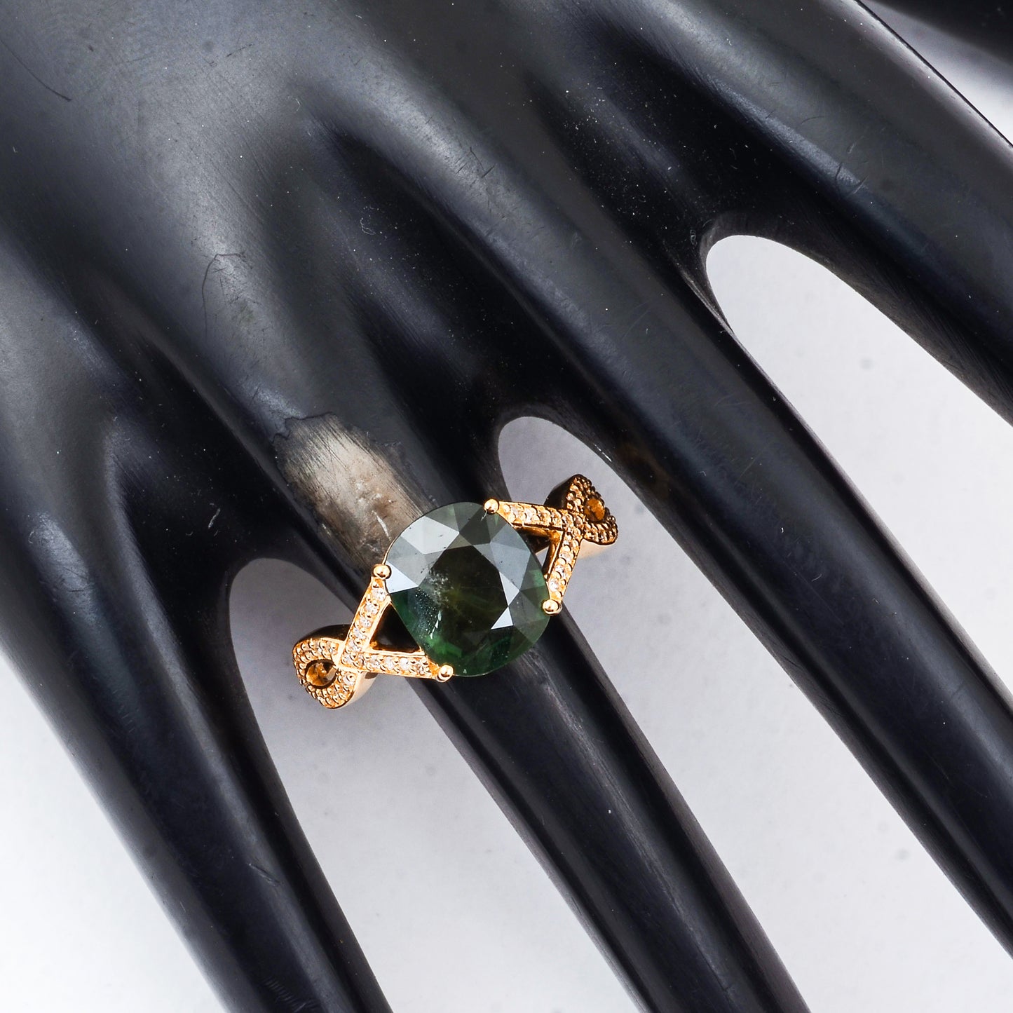 3.23 Ct Cushion Mixed Cut Natural Green Sapphire 14K Gold Ring