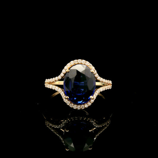 3.87 Ct Oval Mixed Cut Lab Grown Sapphire 14K Gold Ring
