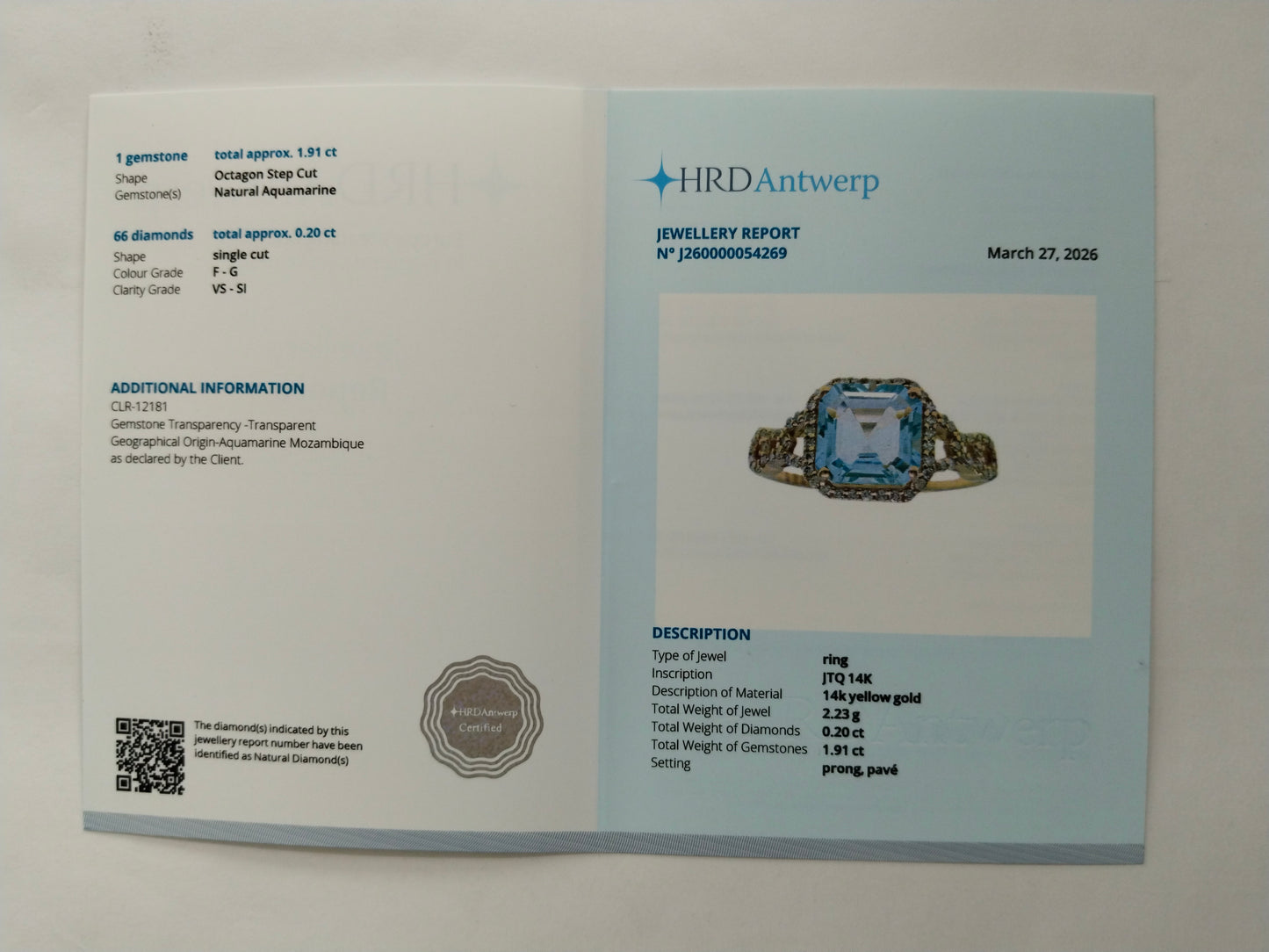 2.11 Ct Octagon Step Cut Natural Aquamarine 14K Gold Ring