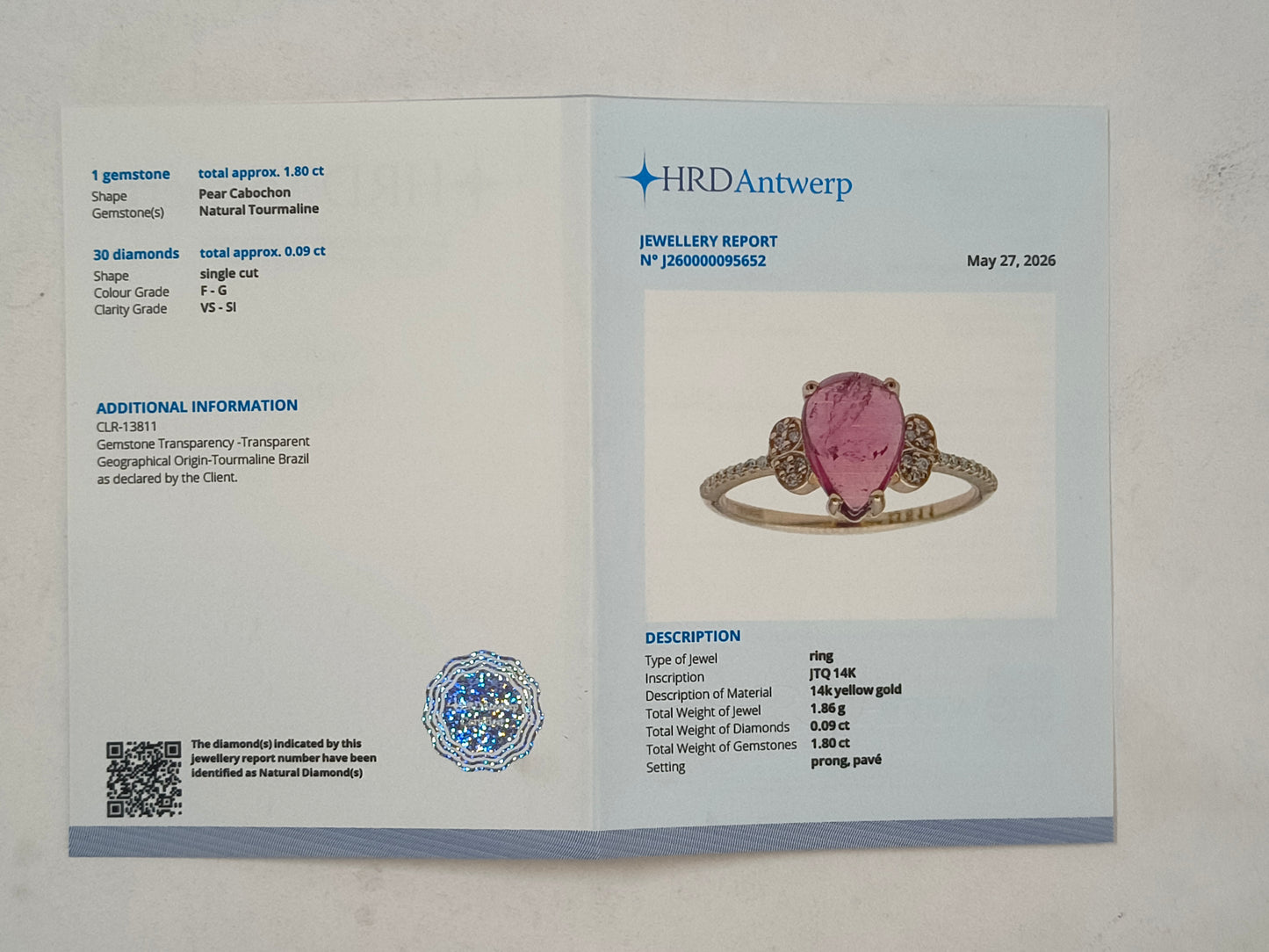 1.89 Ct Pear Cabochon Natural Tourmaline 14K Gold Ring