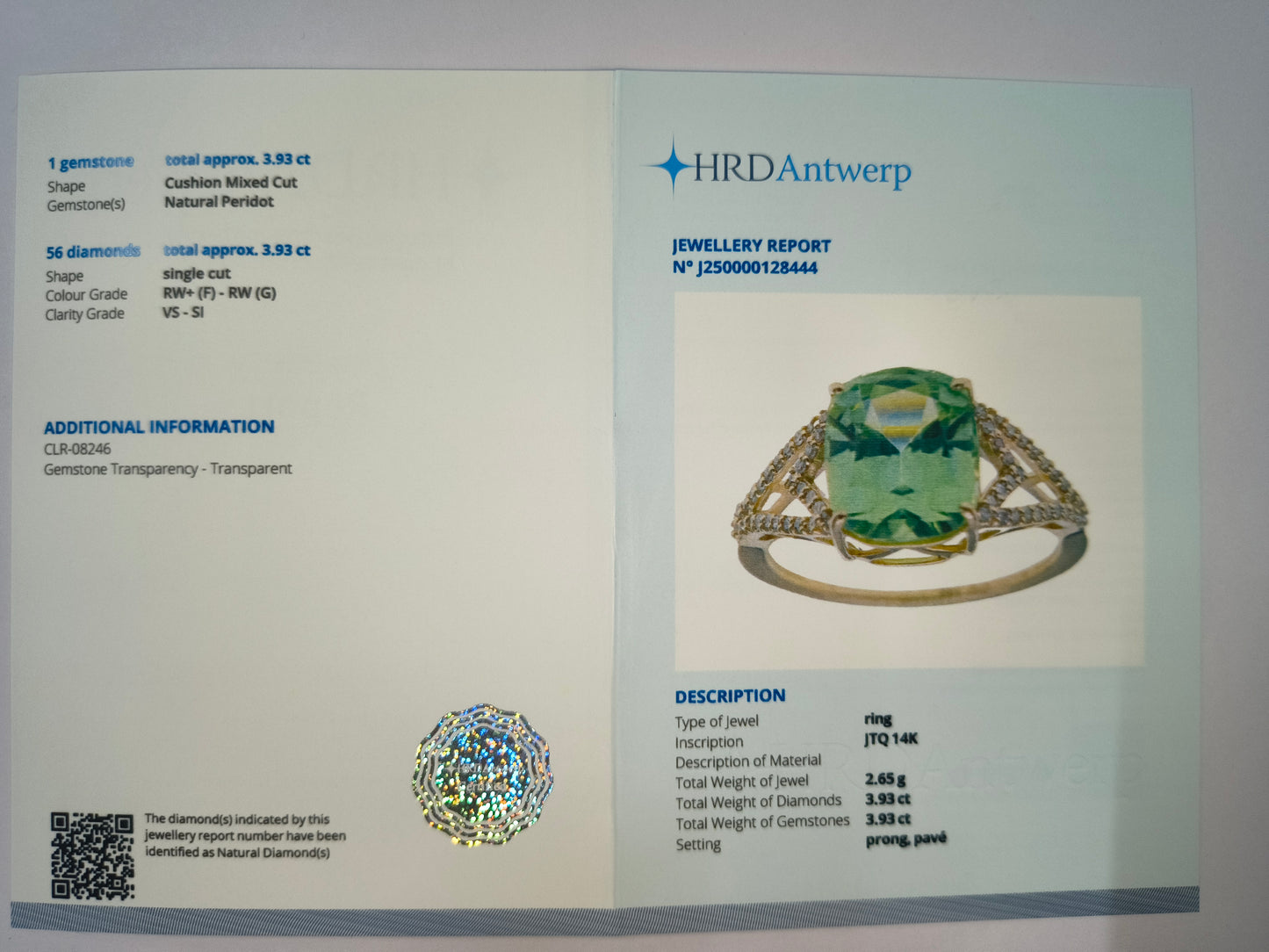 4.10 Ct Cushion Natural Eridot 14K Gold Ring