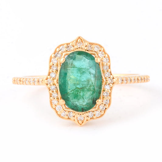 1.44 Ct Oval Mixed Cut Natural Emerald 14K Gold Ring