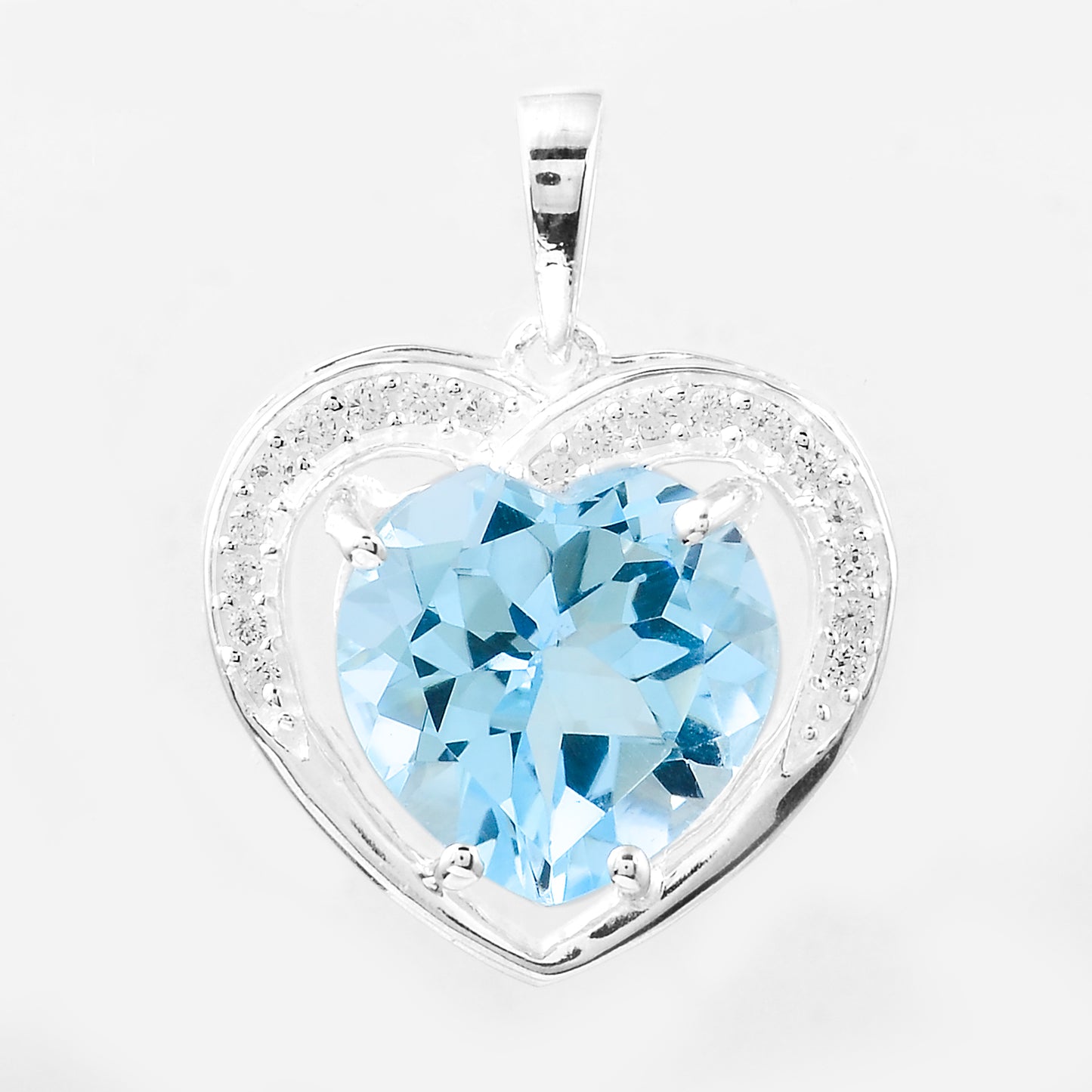 4.49 Ct Heart Blue Topaz, Cubic Zirconia 925 Sterling Silver Pendant