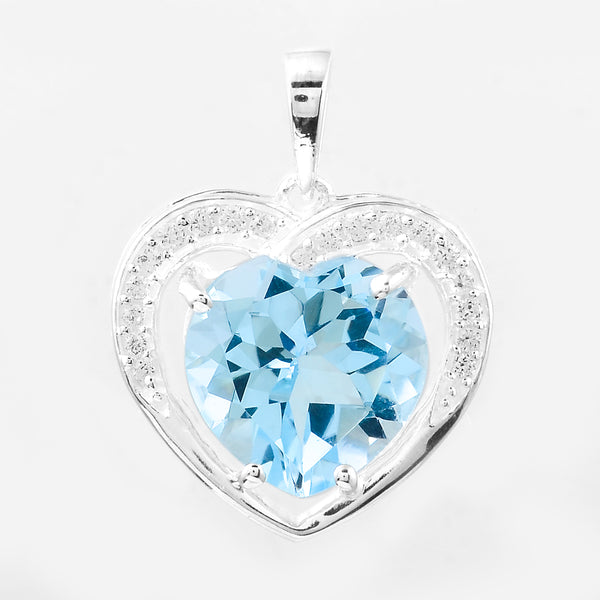 4.49 Ct Heart Blue Topaz, Cubic Zirconia 925 Sterling Silver Pendant