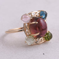 5.58 Ct Oval Cabochon Cut, Round Cabochon Cut Natural Multi-Coloured Tourmaline 14K Gold Ring