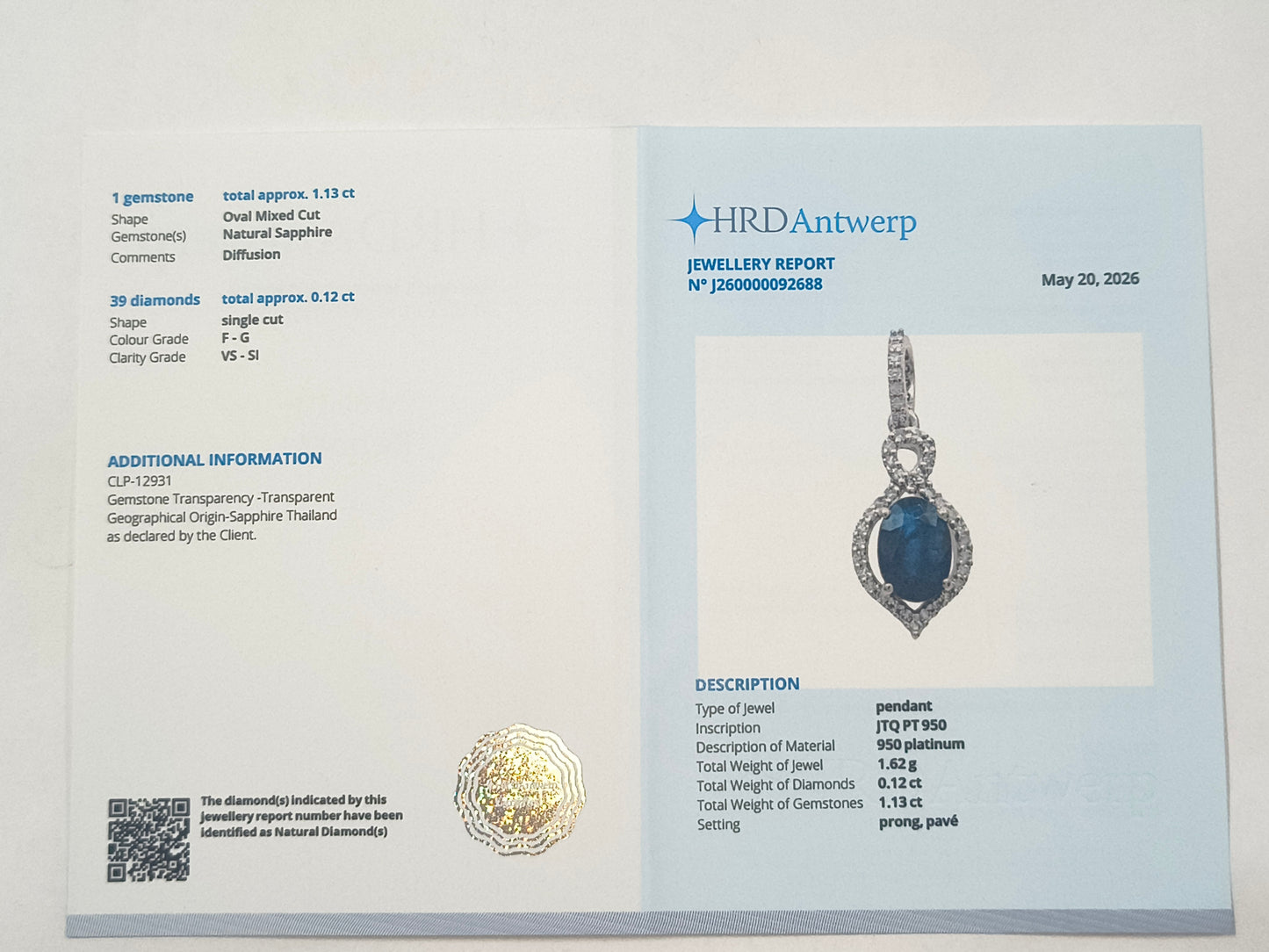 1.25 Ct Oval Sapphire 950 Platinum Pendant