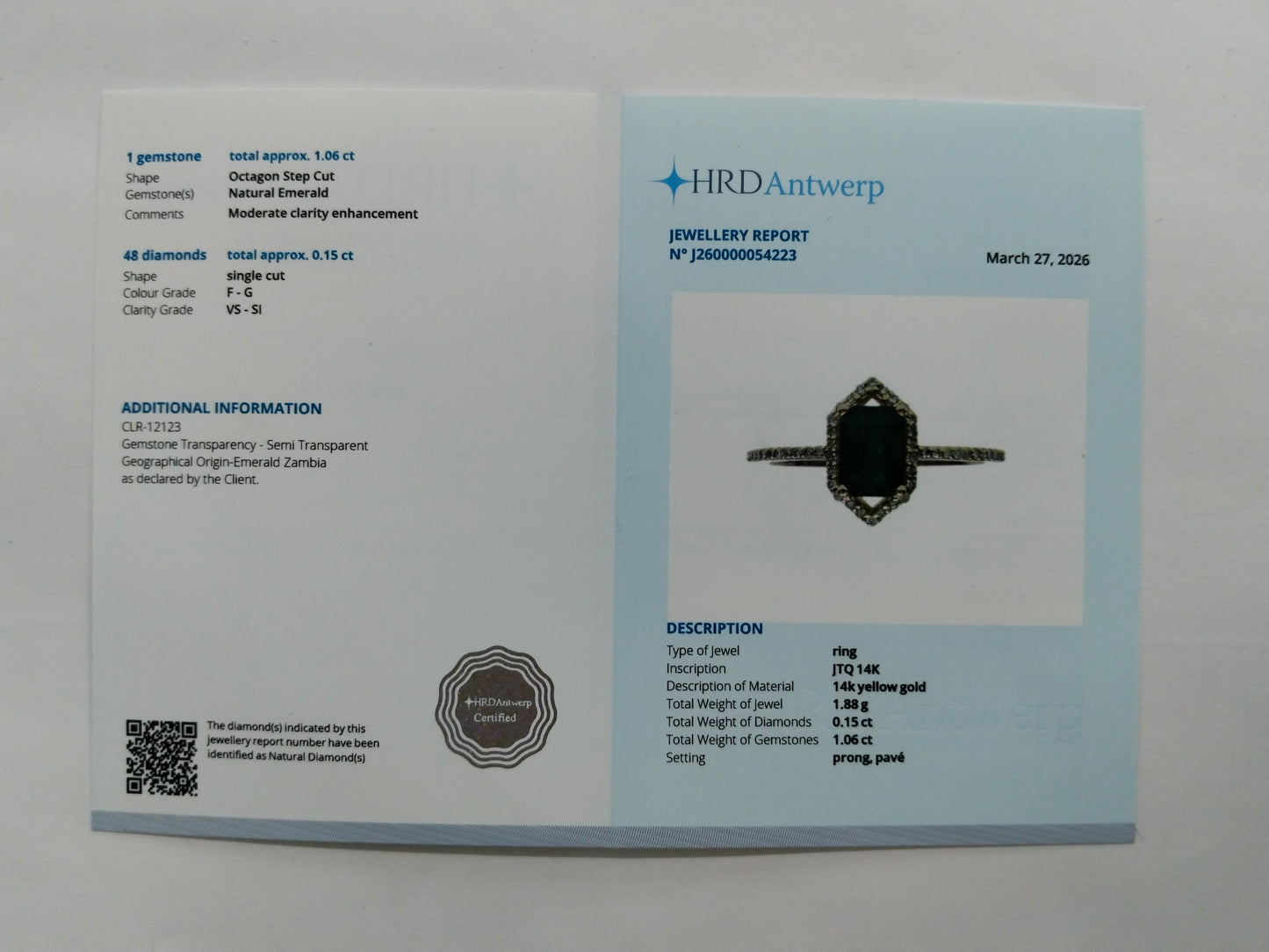 1.21 Ct Octagon Step Cut Natural Emerald 14K Gold Ring