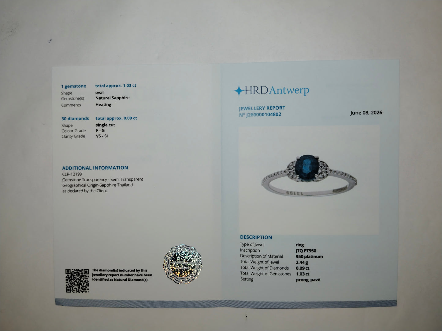 1.12 Ct Oval Mixed Cut Natural Sapphire 950 Platinum Ring