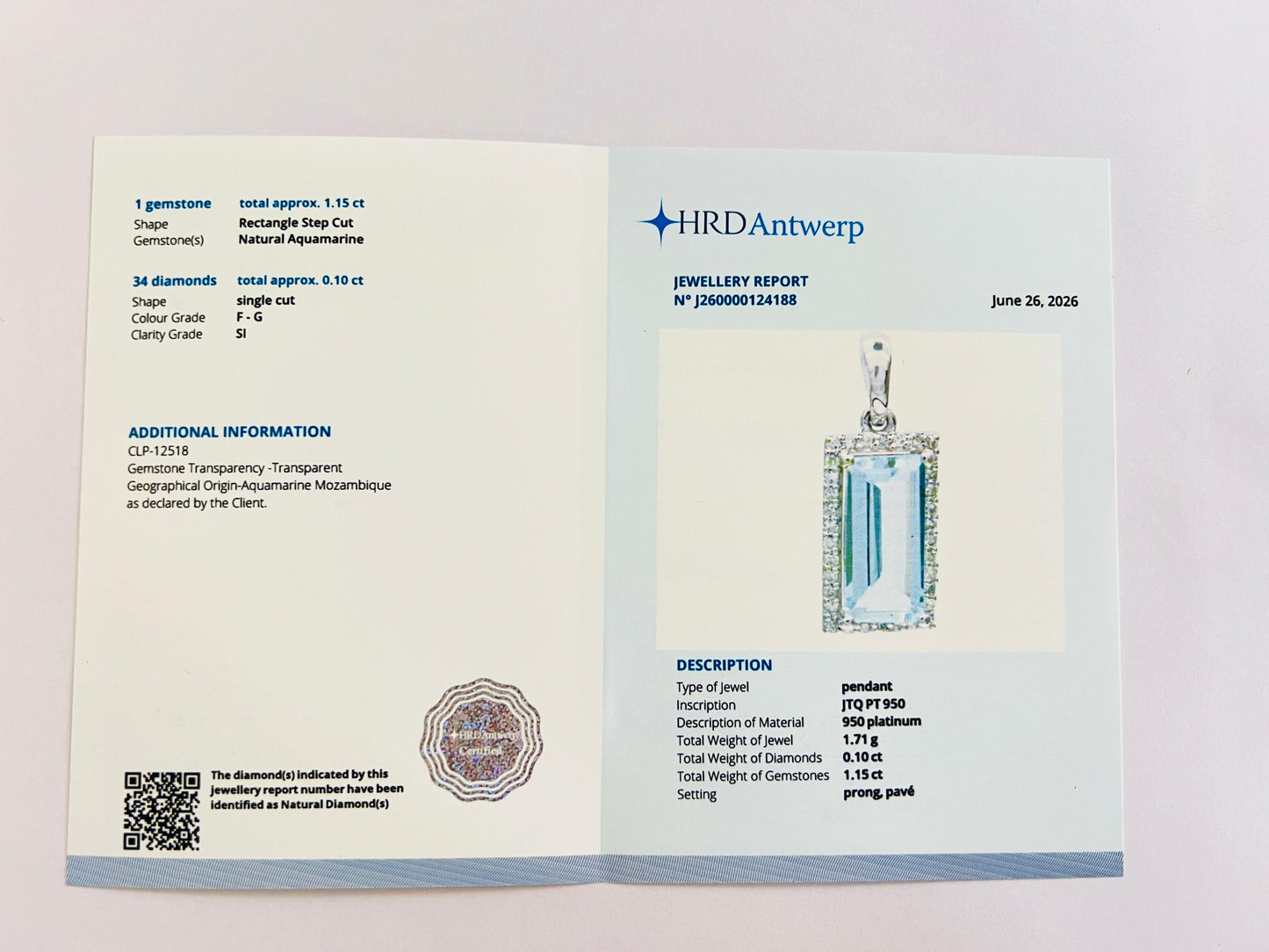 1.25 Ct Rectangle Step Cut Natural Aquamarine 950 Platinum Pendant