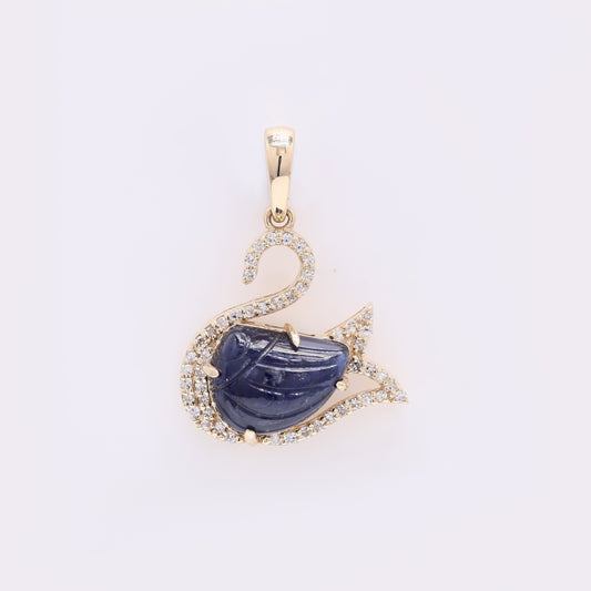 3.34 Ct Fancy Carving Natural Corundum Sapphire 14K Gold Pendant