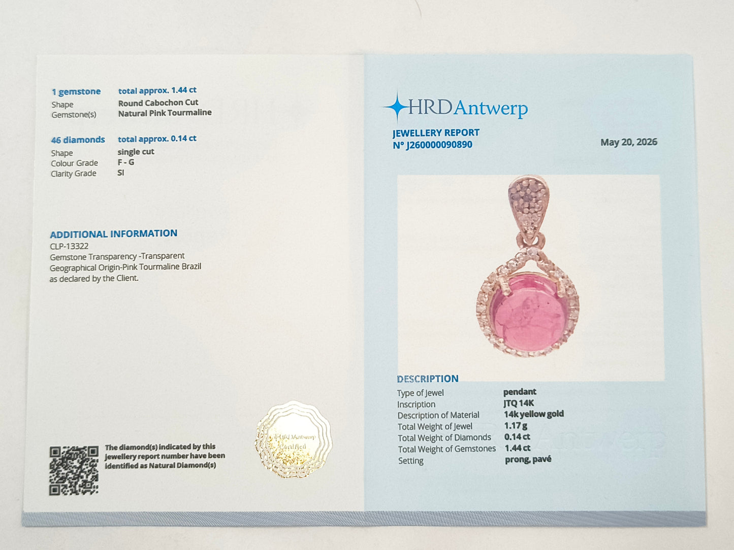 1.58 Ct Round Tourmaline 14K Gold Pendant
