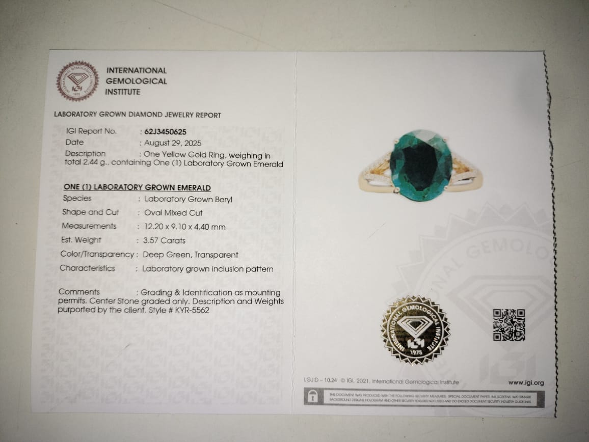 3.63 Ct Oval Mixed Cut Lab Grown Emerald 14K Gold Ring